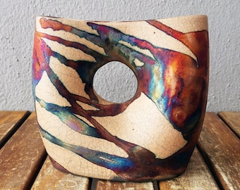 5 inch Unique Raku Pottery Vase - rainbow handmade ceramic home decor gift - Dokutsu vase