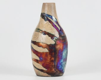 6 inch Raku Pottery Vase -rainbow handmade ceramic home decor gift - NAtsu Narrow top Vase
