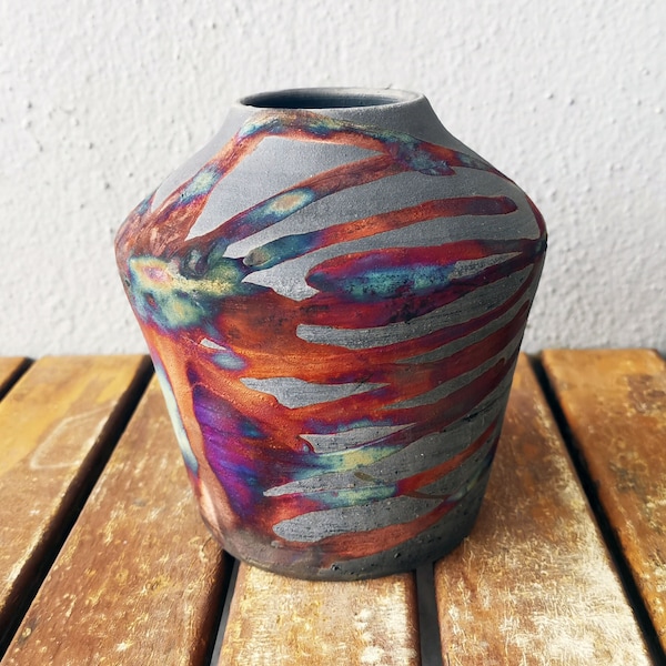 4.3 inch Raku Pottery Vase - rainbow handmade ceramic home decor gift - Inaka vase