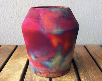 4.3 inch Raku Pottery Vase - rainbow handmade ceramic home decor gift - Hoseki vase