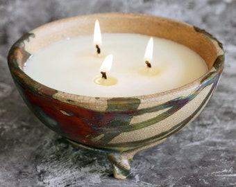 5.5 inch wide Raku Pottery Refillable Scented Soy Wax Candle with 3 Wicks - Hono Ceramic Home Decor Gift
