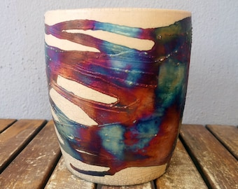 6 inch wide Raku Planter pot -rainbow handmade ceramic home decor gift - Seicho indoor pot
