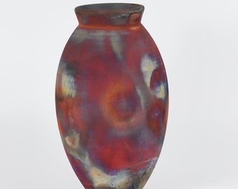 13.5 inch Limited Edition Raku Pottery Oval Vase  - collectible handmade ceramic home decor gift - Serial Number : 747