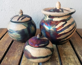 5.3, 4 and 2.4 inch width Raku Pottery Urn Set - handmade ceramic memorial vessel