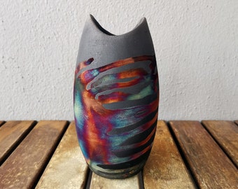 Raku home decor Pottery Vase - 6.3 inch wall art - rainbow handmade ceramic birthday gift - Koi vase