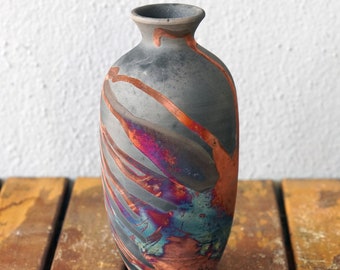 Raku home decor Pottery Vase - 7 inch wall art - rainbow handmade ceramic birthday gift - Koban Bottle Vase