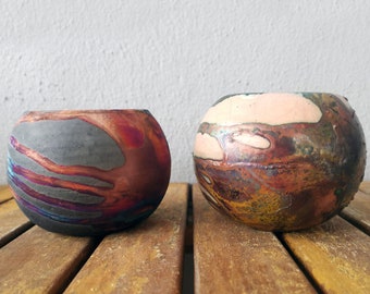 4 inch wide Raku Succulent Planter pot set of 2 -rainbow handmade ceramic home decor gift - Tsuchi Mixed indoor pot set of 2