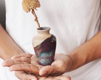3.5 inch Raku Pottery Hana O Mini Vase - collectible handmade ceramic home decor gift