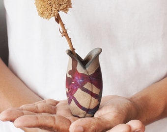 3.5 inch Raku Pottery Hana F Mini Vase - collectible handmade ceramic home decor gift