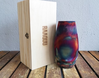 6 inch Raku Pottery Vase with Pine wood gift box -rainbow handmade ceramic home decor gift - Tsuri Bottle Vase