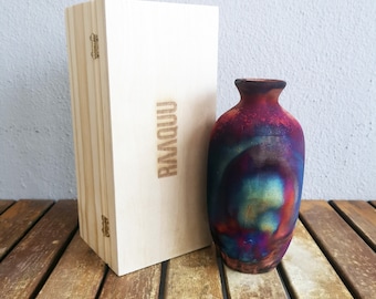7 inch Raku Pottery Vase with Pine wood gift box -rainbow handmade ceramic home decor gift - Koban Bottle Vase