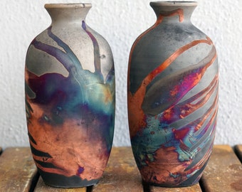 7 inch Raku Pottery Vase Gift Pack -rainbow handmade ceramic wall decor gift - Koban Bottle Vase - 2 Pack