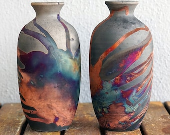 Raku Pottery Vessel / Multicolor Pottery / Wire Wrap Accents
