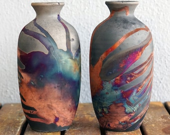 7 inch Raku Pottery Vase Gift Pack -rainbow handmade ceramic wall decor gift - Koban Bottle Vase - 2 Pack