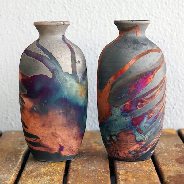 7 inch Raku Pottery Vase Gift Pack -rainbow handmade ceramic wall decor gift - Koban Bottle Vase - 2 Pack
