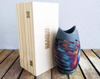 7 inch Raku Pottery Vase with Pine wood gift box -rainbow handmade ceramic home decor gift - Koi Bottle Vase