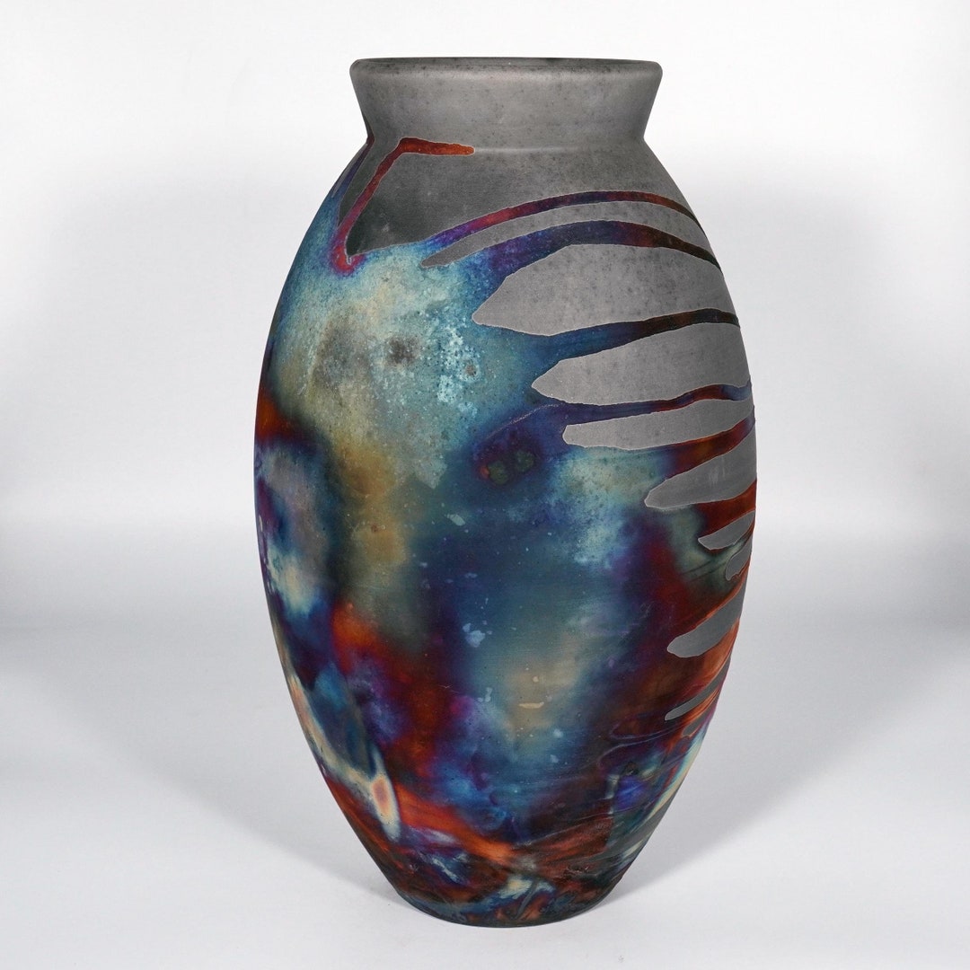 13.5 Inch Limited Edition Raku Pottery Oval Vase -collectible Handmade ...