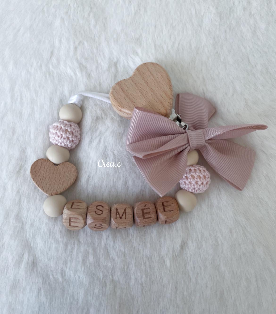 Personalized pink ribbon, heart and pearl pacifier clip