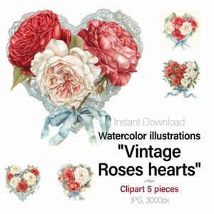 Rosa und weiße Rosen Vintage Aquarell Blumen Herz. Valentinstag Karte Craft Junk Journal 5 Hochwertige Bilder, Kommerzielle Nutzung Enthalten