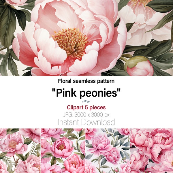 Floral seamless pattern watercolor Pink peonies Watercolor Clipart Set, 5 High Quality JPG Images, Cards, Magazines, Commercial Use Included