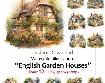 Watercolor illustration English Houses, Cottage Clipart, 12 High Quality JPGs, Digital Planner, Junk Journaling, Card Craft Digital Download