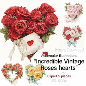 Clipart do Dia dos Namorados, Rosas Vintage Watercolor Flower Heart com envelope. Cartão de Dia dos Namorados para impressão, Junk Journal 5 Imagens com qualidade jpeg