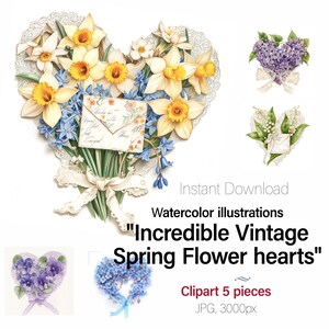 Clipart do Dia dos Namorados, coração de flor aquarela vintage lilás com envelope. Cartão de Dia dos Namorados para impressão, Junk Journal 5 Imagens com qualidade jpeg