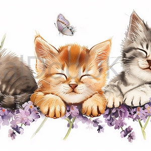 水彩イラスト ラベンダー色のかわいい子猫、面白い動物、ポストカード作り用、JPG画像12枚のクリップアートセット、商用利用可