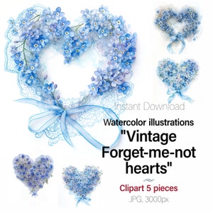 Vergissmeinnicht Vintage Aquarell Blumen Herz. Valentinstag Karte Handwerk Clipart Junk Journal 5 High Quality Bilder, inklusive kommerzielle Nutzung