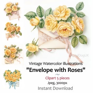 Coroa de flores de rosa amarela em aquarela vintage. Artesanato de cartão de dia dos namorados, cartão de dia das mães, 5 imagens de qualidade jpeg, uso comercial incluído