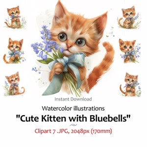 Jolie illustration aquarelle chaton avec des jacinthes des bois, artisanat de carte de chat, images jpg des cliparts pour enfants 7 usage commercial inclus, téléchargement numérique