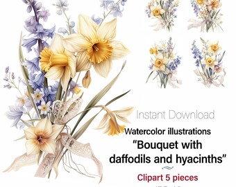 Vintage Bouquet with Daffodils and Hyacinths. Botanical illustration card clipart Junk Journal 5 jpeg Quality Images Commercial Use Included