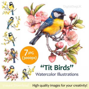 Bundle de cliparts aquarelle oiseau mésange sur une branche avec des fleurs de printemps, pour le bonheur, fabrication de cartes 7 images jpeg de qualité, usage commercial inclus