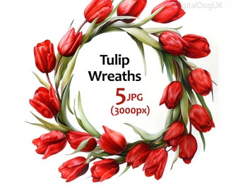 Tulip Flower Wreaths Clipart Bundle, spring Set 5 Jpeg, Commercial Use Included, scrapbooking greeting cards digital planner, invited cards