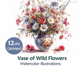 Vase of Wild Flowers clipart Bundle, Bouquet Meadow flowers Set 12 Jpeg, Commercial Use Included Digital planner scrapbooking greeting cards