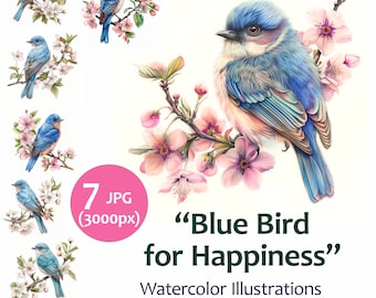Watercolor Clipart Bundle Blue Bird on branch with spring flowers, for happiness, Card Making 7 jpeg Quality Images, Commercial Use Included