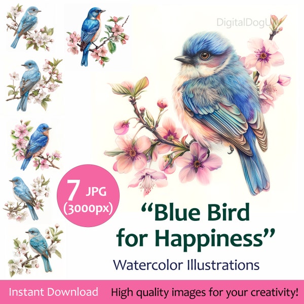 Watercolor Clipart Bundle Blue Bird on branch with spring flowers, for happiness, Card Making 7 jpeg Quality Images, Commercial Use Included