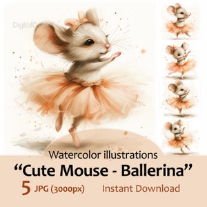 Bundle aquarelle souris danse ballerine, artisanat de carte de souris, ensemble de 5 images jpg de cliparts pour enfants, usage commercial inclus, téléchargement numérique