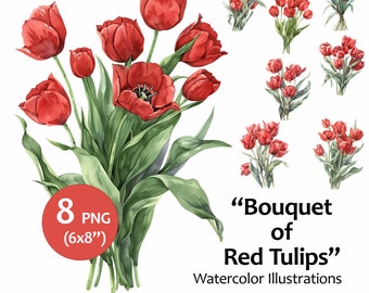 Watercolor Clipart Bundle Bouquet Red Tulips Flowers, 8 Quality PNG, Commercial Use Included, Card Making, Mixed Media, Digital Paper Craft