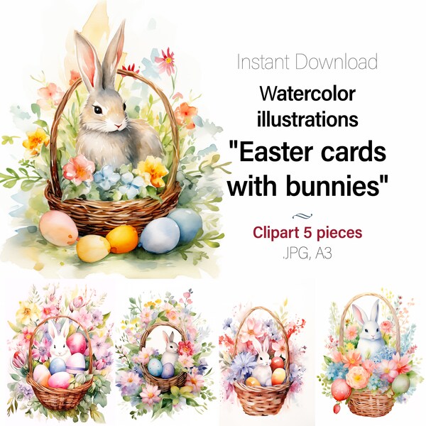 Watercolor clipart Easter cards with bunnies, Easter Watercolor art Clipart Set, 5 JPG Images, Commercial Use Included, Digital Download