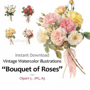 Vintage aquarel boeket van Engelse rozen bloem clipart. Valentijnsdagkaart Moederdag 5 jpeg-kwaliteitsafbeeldingen Commercieel gebruik inbegrepen