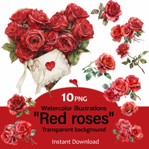 Flower Watercolor red roses PNG clipart, Valentines day card craft,Junk Journal 10 images, transparent background, Commercial Use Included