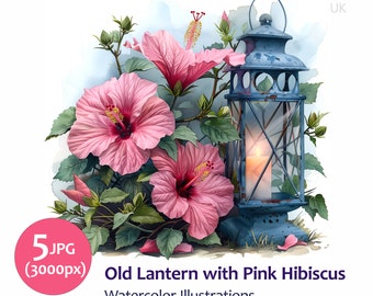 Clipart Bundle Old lantern with candle and pink hibiscus, Vintage lantern Set 5 Jpeg, Commercial Use Included, scrapbooking, greeting cards