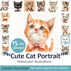 Aquarel illustratie schattig kat portret, grappig dier, kitten voor het maken van ansichtkaarten, clipart set van 15 JPG-afbeeldingen, commercieel gebruik inbegrepen
