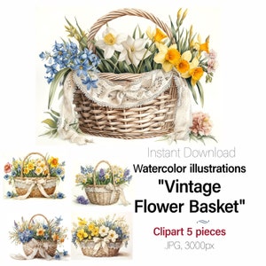 Cesta de flores de primavera aquarela vintage. Artesanato de cartão de Dia das Mães, clipart, Junk Journal 5 imagens de alta qualidade, uso comercial incluído