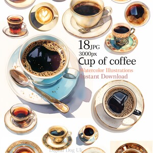 Illustrazione clipart acquerello tazza di caffè per la stampa, 18 JPG di alta qualità, download digitale, creazione di carta, diario spazzatura, sublimazione