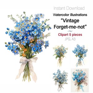 Aquarelle avec myosotis, clipart floral, art mural, cartes, journal indésirable, 5 images JPG de haute qualité à usage commercial incluses