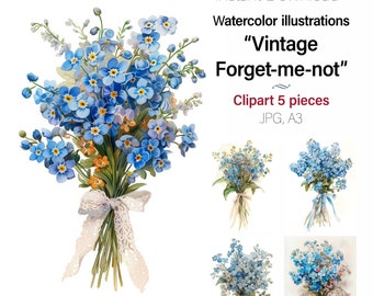 Oubliez-moi-pas Peinture d’art aquarelle, Clipart floral, Art mural, Cartes, Junk Journal, 5 images JPG de haute qualité Utilisation commerciale incluse