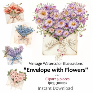 Images d'enveloppe de fleurs, lot de cliparts couronne de coeur de fleurs vintage, lilas, coquelicot, aster, rose, artisanat de carte 5 jpeg usage commercial inclus