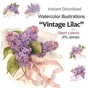 Pacote de clipart de coroa de flores lilás aquarela vintage. Cartão de flor roxa, cartão de dia das mães, 5 imagens de qualidade jpeg, uso comercial incluído